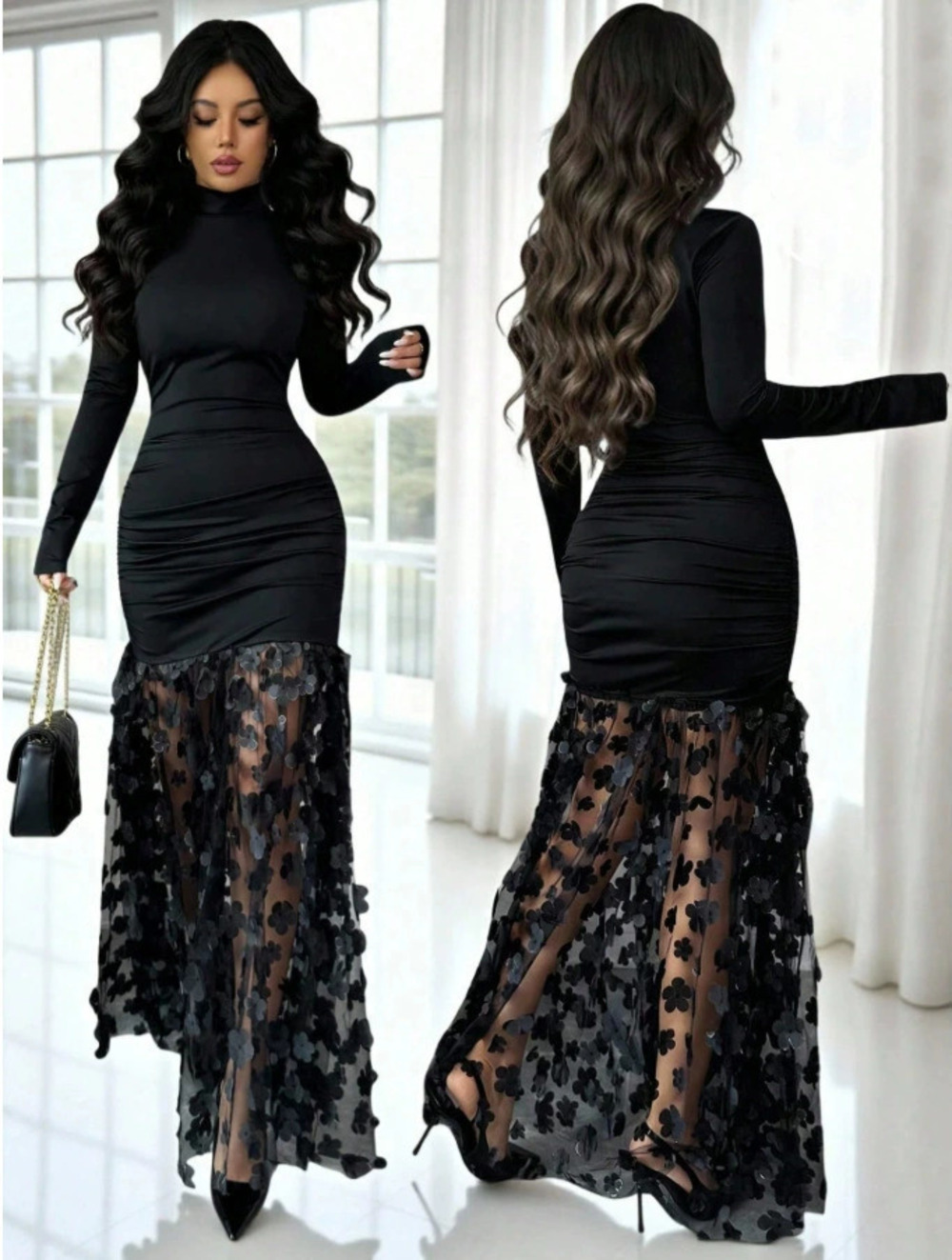 Zara Fall Mock Neck Sheer Mesh Patchwork Waist Cinching Bodycon Dress